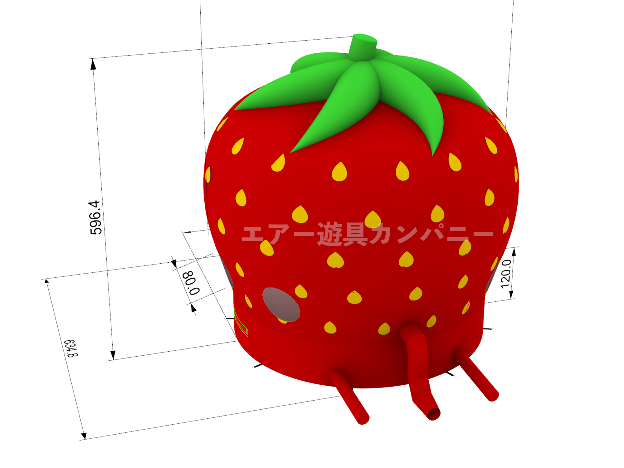 苺モチーフのドーム型エア遊具3D図面。外から内部が確認できる窓付き構造