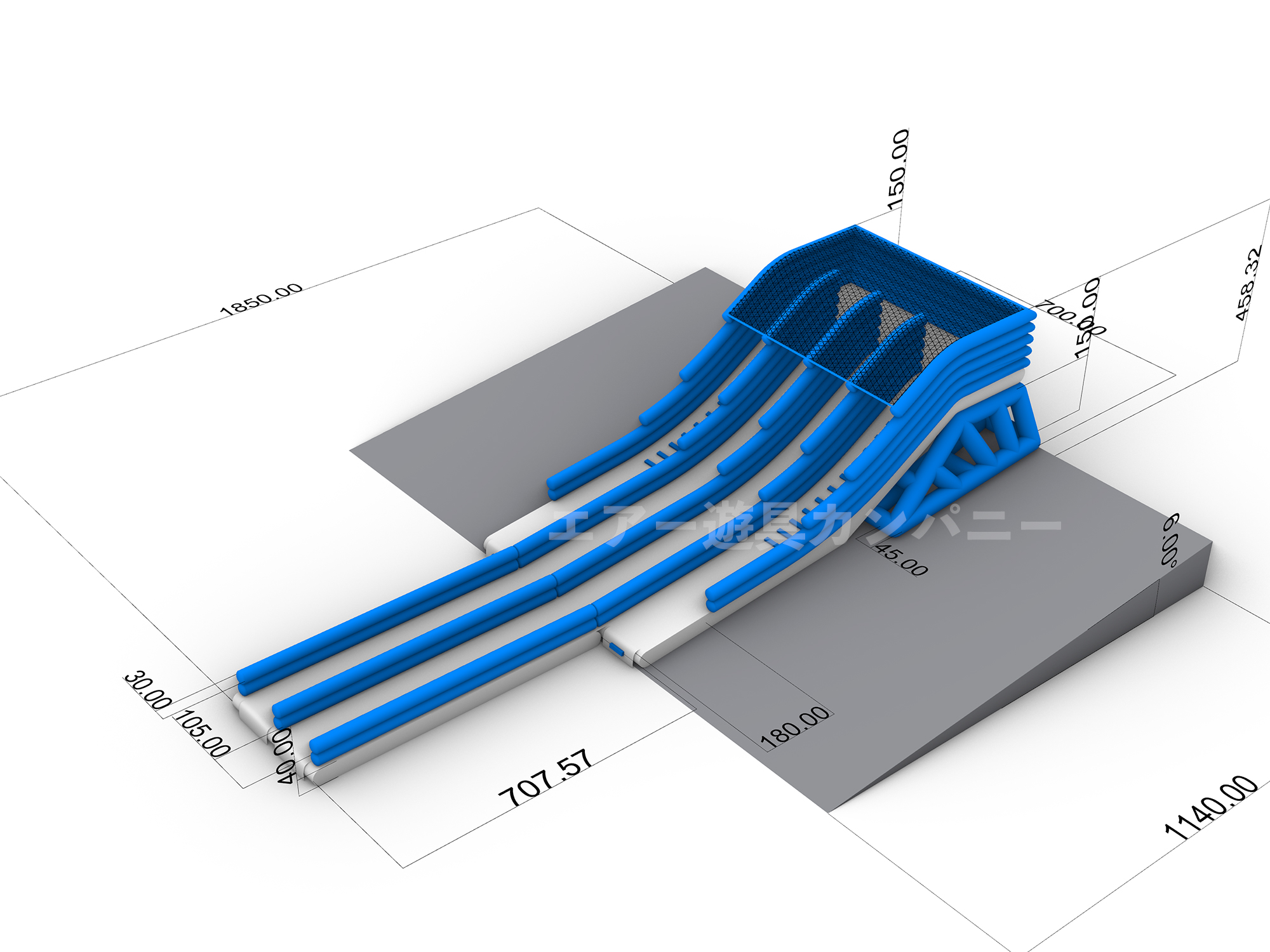 屋外プールに設置するウォータースライダーの3D設計図面。小学生向けの緩やかな勾配と全体の長さが分かる側面構造