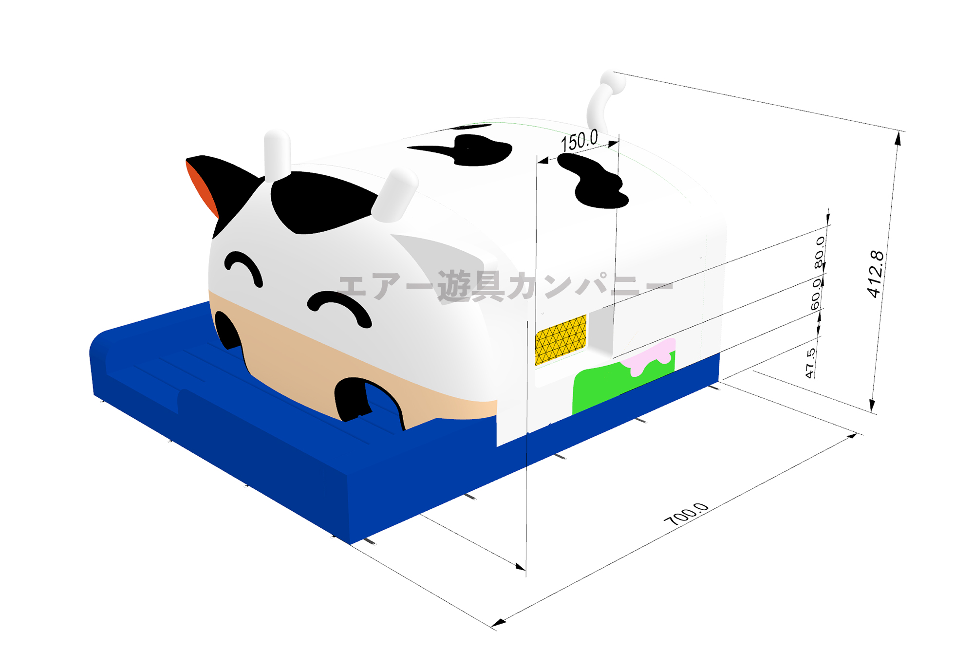 牛モチーフのエア遊具の3D図面。全体形状とサイズ感が分かる斜め視点の設計イメージ